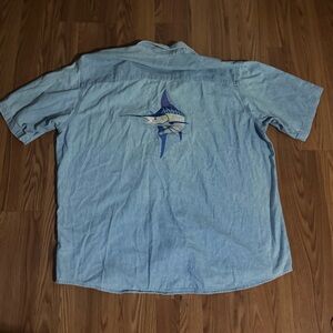 Adventure Wear Blue Denim Top Blue Marlin Embroidered Size XXL Fishing Vintage